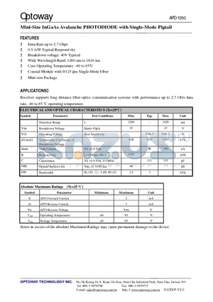 APD-1350-HF datasheet - Mini-Size InGaAs Avalanche PHOTODIODE with Single-Mode Pigtail