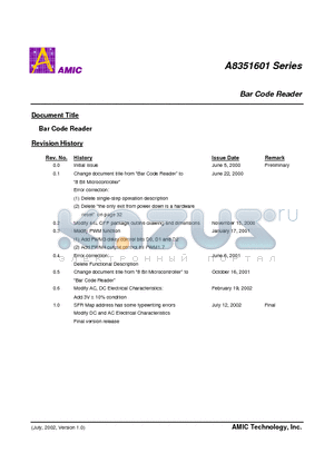 A8351601 datasheet - Bar Code Reader