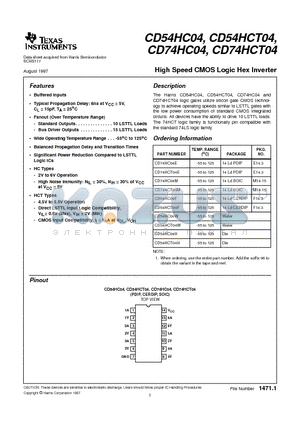 CD74HCT04 datasheet - High Speed CMOS Logic Hex Inverter