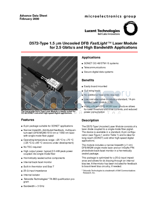 D572-20SS datasheet - D572-Type 1.5 m m Uncooled DFB FastLight  Laser Module for 2.5 Gbits/s and High Bandwidth Applications