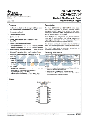 CD74HCT107 datasheet - Dual J-K Flip-Flop with Reset Negative-Edge Trigger