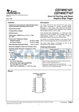 CD74HCT107E datasheet - Dual J-K Flip-Flop with Reset Negative-Edge Trigger