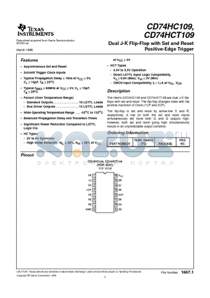 CD74HCT109 datasheet - Dual J-K Flip-Flop with Set and Reset Positive-Edge Trigger