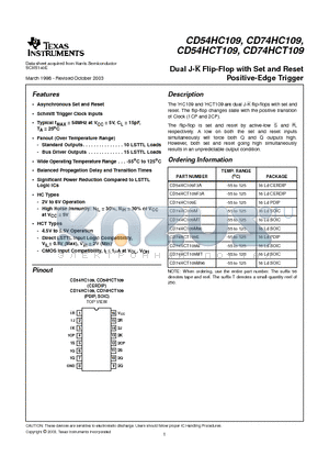 CD74HCT109E datasheet - Dual J-K Flip-Flop with Set and Reset Positive-Edge Trigger