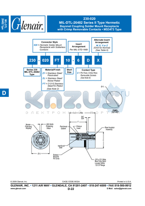 230-020Z114-6DZ datasheet - Bayonet Coupling Solder Mount Receptacle