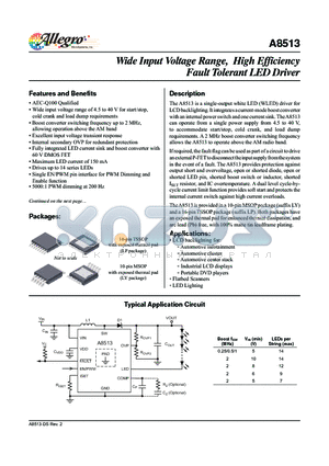 A8513KLPTR-1-T datasheet - Wide Input Voltage Range, High Efficiency Fault Tolerant LED Driver