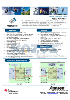 A8520E24A91 datasheet - Operates in the 2.4GHz ISM band