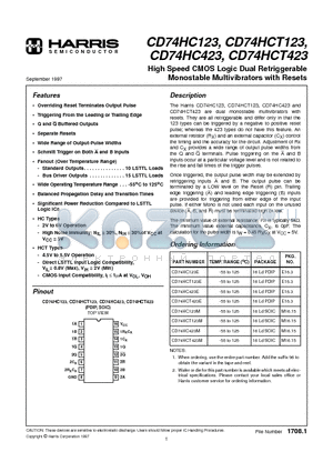 CD74HCT123E datasheet - High Speed CMOS Logic Dual Retriggerable Monostable Multivibrators with Resets