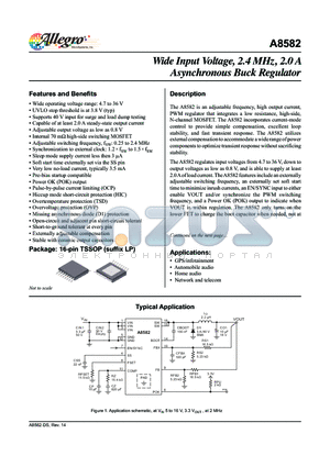 A8582KLPTR-T datasheet - The A8582 is an adjustable frequency, high output current, PWM regulator that integrates a low resistance, high-side, N-channel MOSFET.