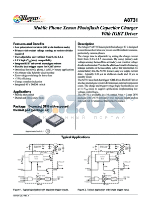 A8731 datasheet - The Allegro A8731 Xenon photoflash charger IC is designed to meet the needs of ultra-low power, small form factor cameras, particularly camera-phones.