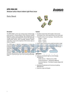 APDS-9006-020 datasheet - Miniature Surface-Mount Ambient Light Photo Sensor