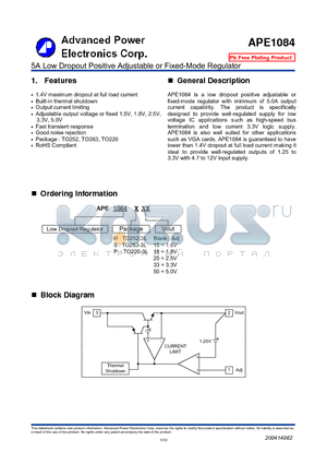 APE1084H33 datasheet - 5A Low Dropout Positive Adjustable or Fixed-Mode Regulator