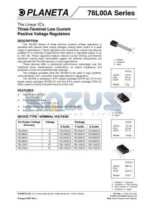 78L12ACD-R1 datasheet - The Linear ICs Three-Terminal Low Current Positive Voltage Regulators
