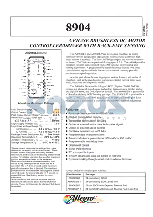 A8904 datasheet - 3-PHASE BRUSHLESS DC MOTOR CONTROLLER/DRIVER WITH BACK-EMF SENSING