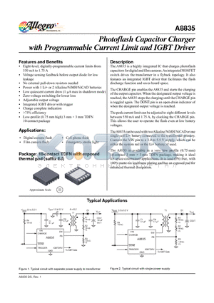 A8835 datasheet - The A8835 is a highly integrated IC that charges photoflash capacitors for digital and film cameras.