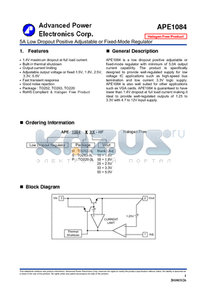 APE1084_10 datasheet - 5A Low Dropout Positive Adjustable or Fixed-Mode Regulator