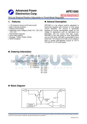 APE1085H33 datasheet - 3A Low Dropout Positive Adjustable or Fixed-Mode Regulator