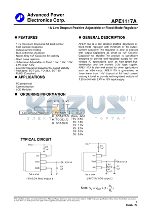 APE1117AG datasheet - 1A Low Dropout Positive Adjustable or Fixed-Mode Regulator
