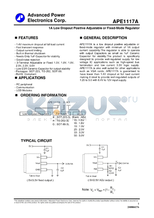 APE1117AH-25 datasheet - 1A Low Dropout Positive Adjustable or Fixed-Mode Regulator