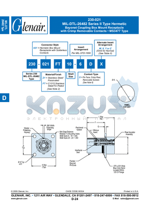 230-021Z18-6DW datasheet - Bayonet Coupling Box Mount Receptacle