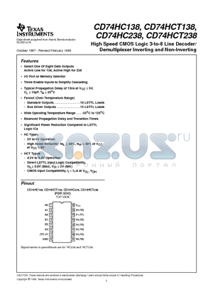 CD74HCT138E datasheet - High Speed CMOS Logic 3-to-8 Line Decoder/ Demultiplexer Inverting and Non-Inverting