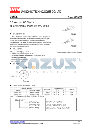 30N06-TF3-T datasheet - 30 Amps, 60 Volts N-CHANNEL POWER MOSFET
