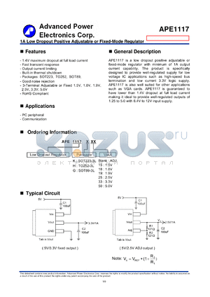 APE1117G datasheet - 1A Low Dropout Positive Adjustable or Fixed-Mode Regulator