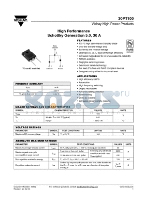 30PT100 datasheet - High Performance Schottky Generation 5.0, 30 A
