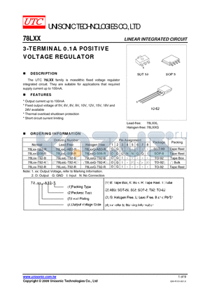 78LXX-T92-K datasheet - 3-TERMINAL 0.1A POSITIVE VOLTAGE REGULATOR