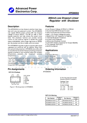 APE8800A datasheet - 300mA Low Dropout Linear Regulator with Shutdown