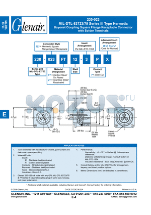 230-023FT16-3PW datasheet - Bayonet Coupling Square Flange Receptacle Connector