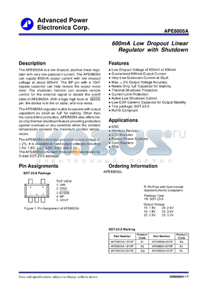 APE8805A datasheet - 600mA Low Dropout Linear Regulator with Shutdown