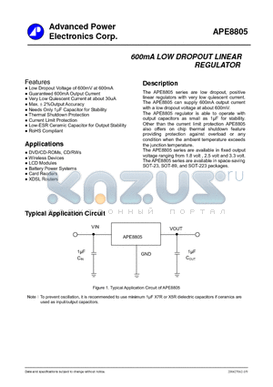 APE8805G-18 datasheet - 600mA LOW DROPOUT LINEAR REGULATOR