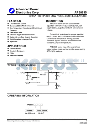 APE8835 datasheet - 300mA HIGH PSRR, LOW NOISE, LDO REGULATORS