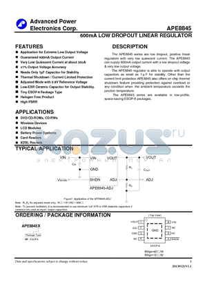 APE8845 datasheet - Guaranteed 600mA Output Current