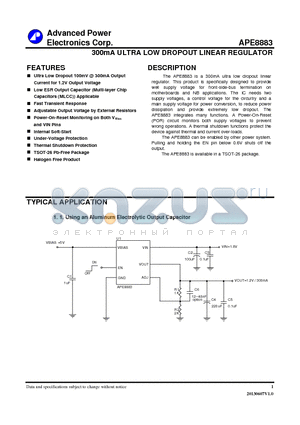 APE8883 datasheet - 300mA ULTRA LOW DROPOUT LINEAR REGULATOR