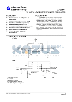 APE8961 datasheet - 1A ULTRA LOW DROPOUT LINEAR REGULATOR