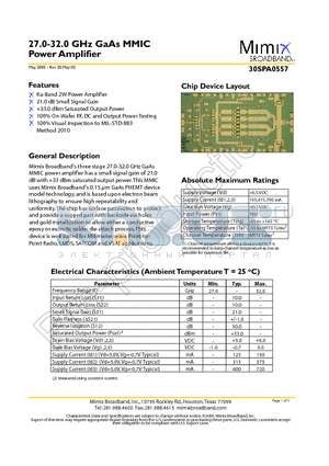 30SPA0557 datasheet - 27.0-32.0 GHz GaAs MMIC Power Amplifier
