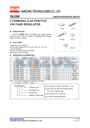 78LXXML-AB3-R datasheet - 3-TERMINAL 0.2A POSITIVE VOLTAGE REGULATOR