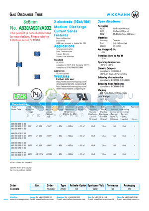 A930S002300100 datasheet - GAS DISCHARGE TUBE - 8x6mm