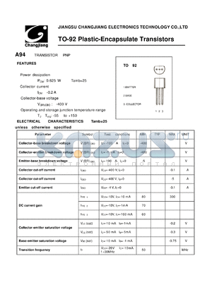 A94-TO-92 datasheet - TRANSISTOR PNP 