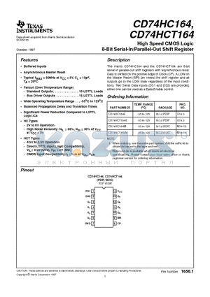 CD74HCT164 datasheet - High Speed CMOS Logic 8-Bit Serial-In/Parallel-Out Shift Register