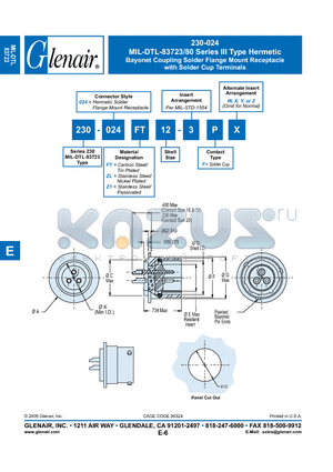 230-024ZL16-3PZ datasheet - Bayonet Coupling Solder Flange Mount Receptacle