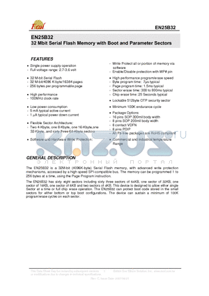 EN25B32-100HIP datasheet - 32 Mbit Serial Flash Memory with Boot and Parameter Sectors