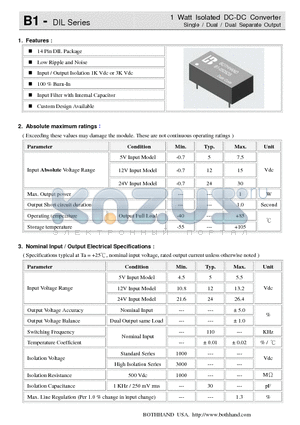 B1-0512DS datasheet - 1 Watt Isolated DC-DC Converter Single / Dual / Dual Separate Output