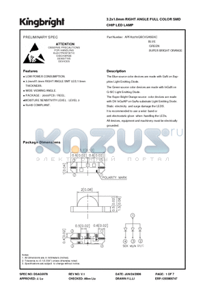 APFA3210QBCVGASEKC datasheet - 3.2x1.0mm RIGHT ANGLE FULL COLOR SMD CHIP LED LAMP