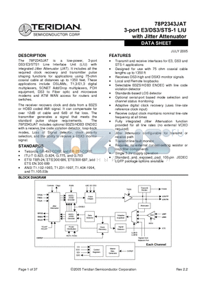 78P2343JAT datasheet - 3-port E3/DS3/STS-1 LIU with Jitter Attenuator