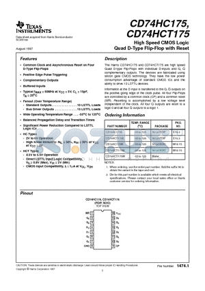 CD74HCT175 datasheet - High Speed CMOS Logic Quad D-Type Flip-Flop with Reset