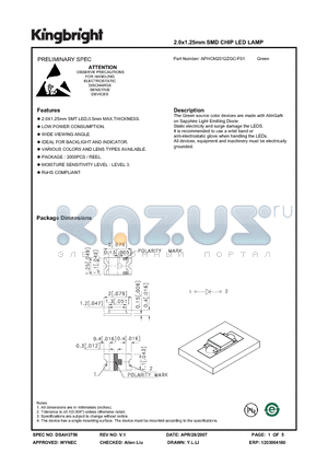 APHCM2012ZGC-F01 datasheet - 2.0x1.25mm SMD CHIP LED LAMP