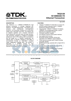 78Q2120-64CGT datasheet - 10/100BASE-TX Ethernet Transceiver